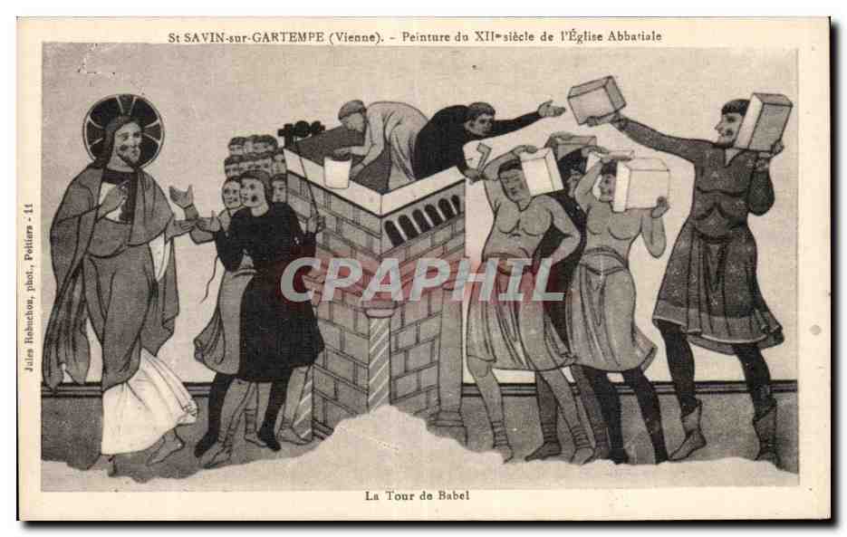 St SAVIN-sur-GARTEMPE (Vienne) — Peinture du XIIe siècle de l'Église Abbatiale — La Tour de Babel