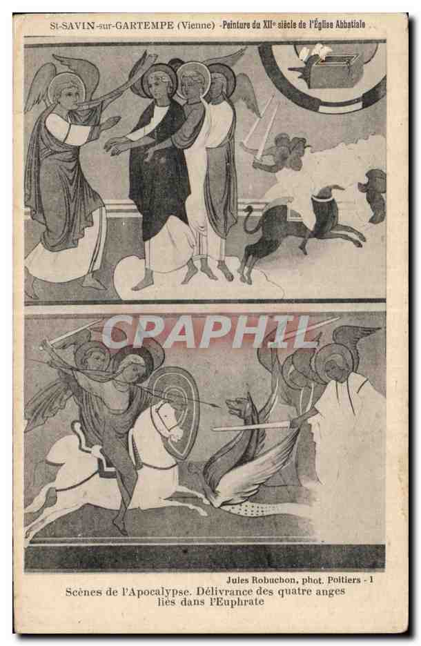 St-Savin-sur-Gartempe (Vienne) — Peinture du XIIe siècle de l'Église Abbatiale — Scènes de l'Apocalypse. Délivrance des quatre anges dans l'Euphrate — Jules Robuchon, phot. Poitiers - 1