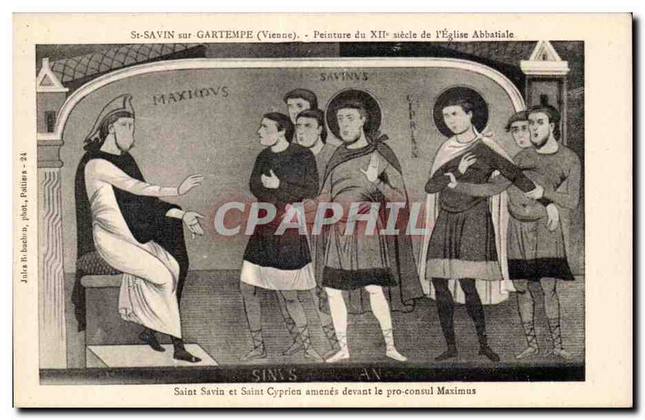 Saint Savin et Saint Cyprien amenés devant le pro-consul Maximus — Peinture du XIIe siècle de l'Église Abbatiale — St-Savin sur Gartempe (Vienne) — Jules B. Buchin, pliés, Poitiers - 24