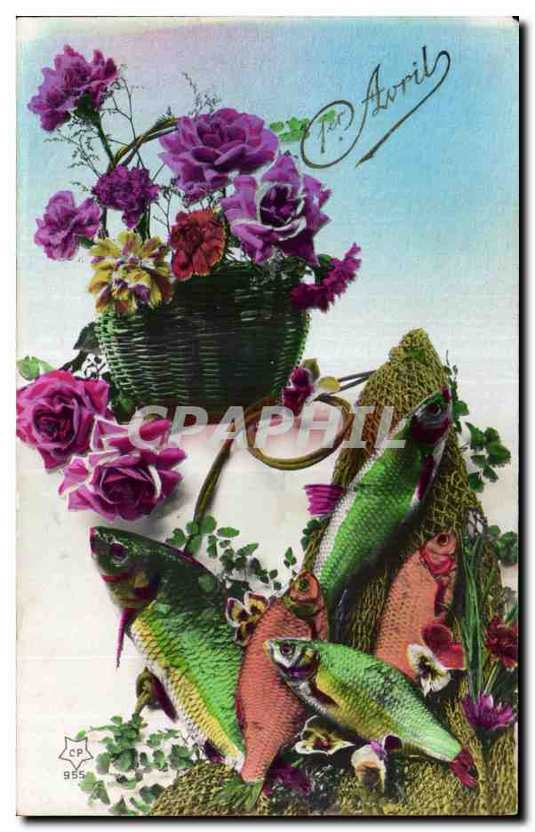 CPA Fantaisie Fleurs Poissons 1er avril Paques Easter 