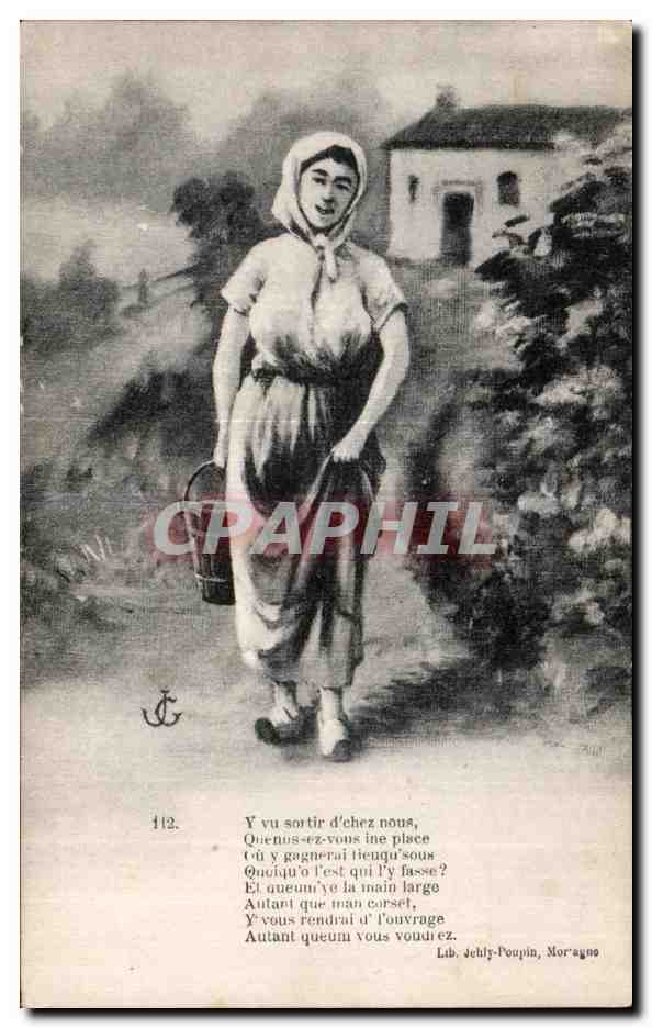 Femme en tablier et bonnet — poème imprimé — Lib. Jéhly-Poupin, Moragno