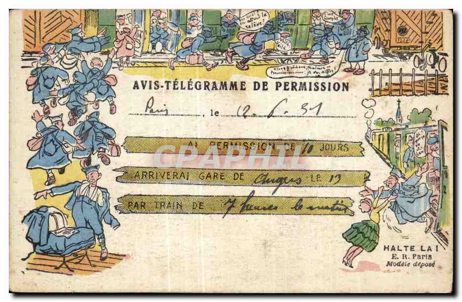 Halte la ! — Avis-télégramme de permission — E.R. Paris, Modèle déposé