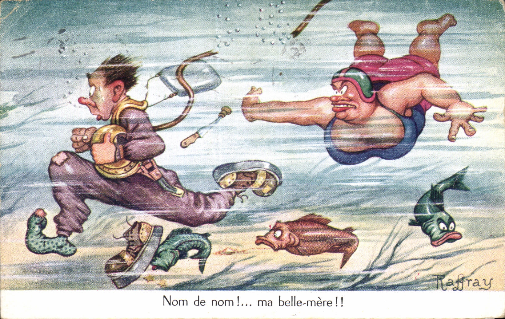 CPA Fantaisie Humour Nom de nom ! ma belle mere Poissons Raffray