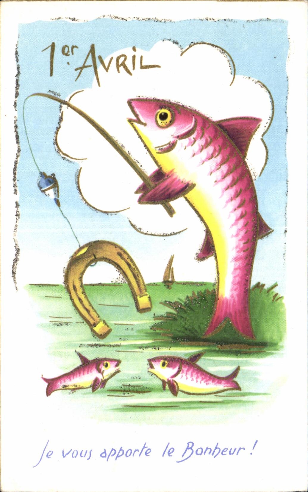 CPA Fantaisie Poisson Bonheur Fer a cheval Avril Paques 