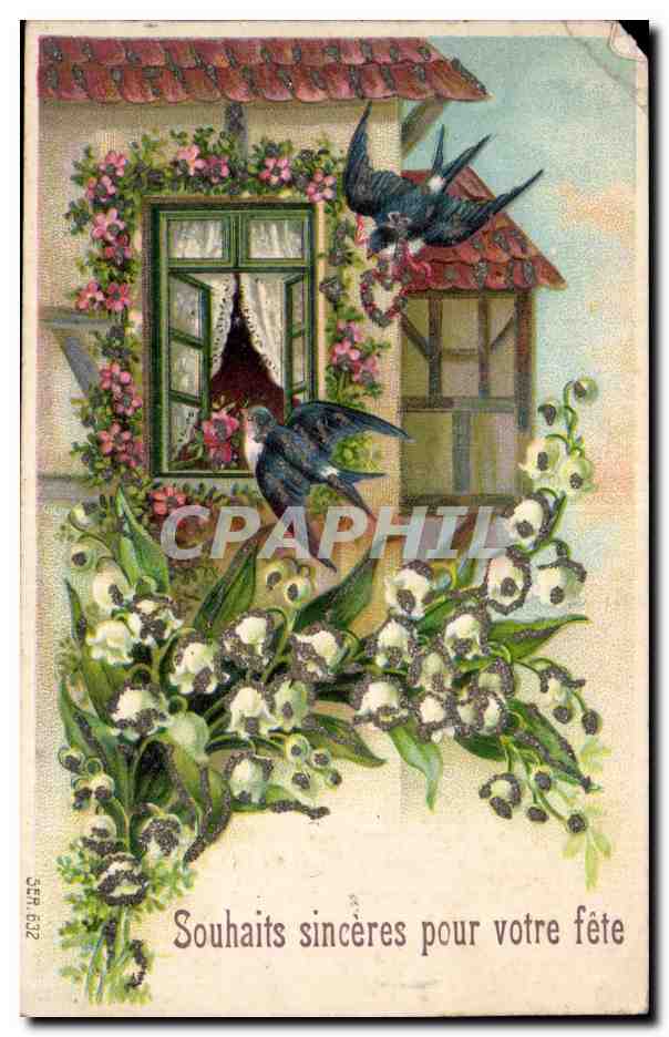 CPA Fantaisie Fleurs hirondelles
