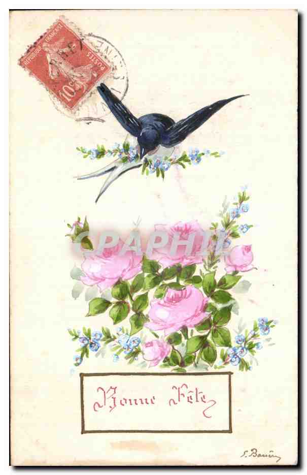 CPA Fantaisie Fleurs Hirondelle 