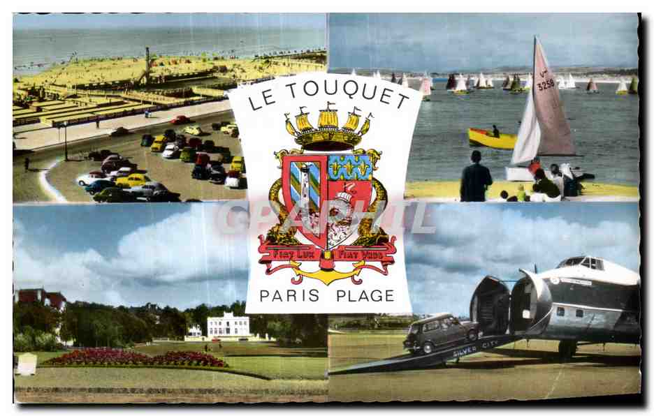 Le Touquet — Paris Plage — panoramic view with beach, sailboats and Silver City airplane