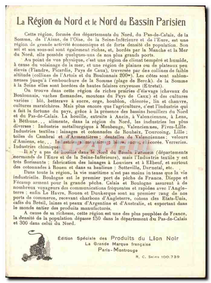 Fiche La Region Du Nord Et Nord Du Bassin Parisien Lion Noir Mines de charbon Dentelles  — Verso