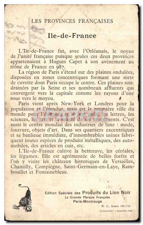 Fiche Les produits Lion Noir Les Provinces Francaises Ile De France  — Verso