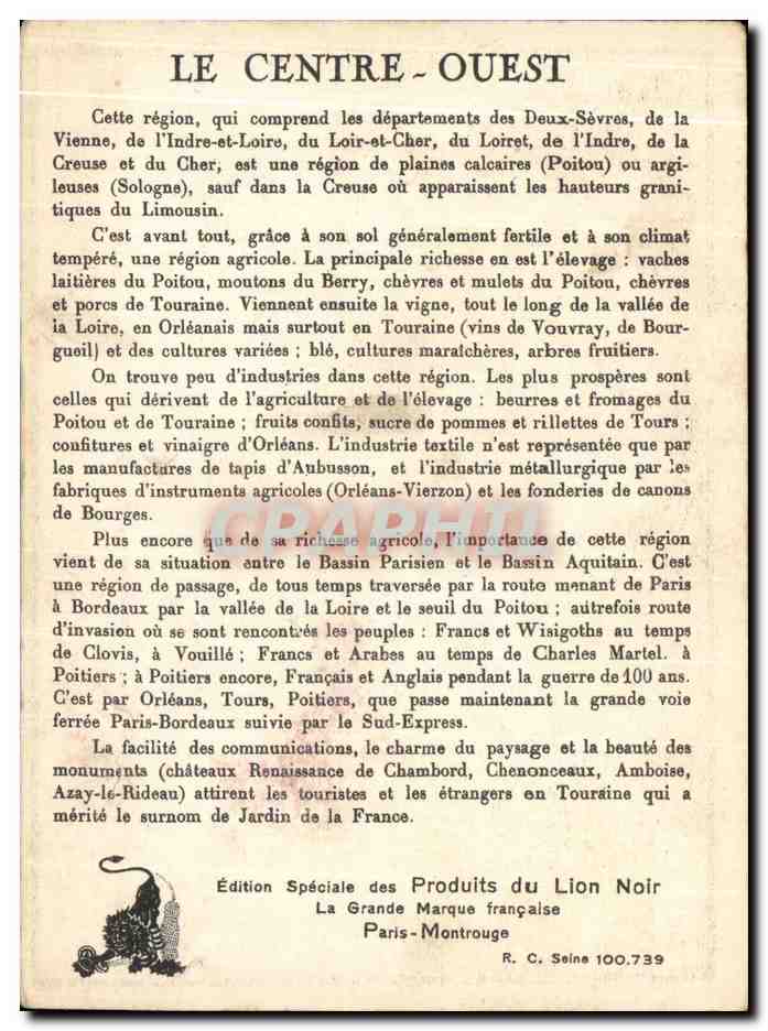 Fiche La Region Centre Ouest Lion Noir Machine agricoles Vignobles Tanneries  — Verso