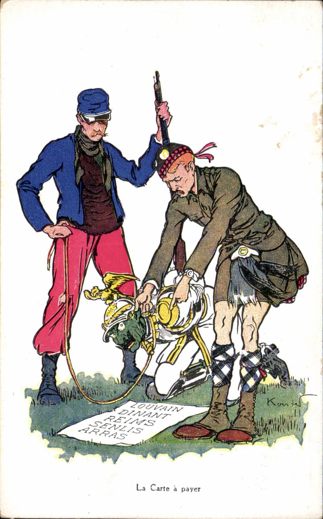 Soldats français et écossais — caricature politique — éditeur Konty, n° de série non visible
