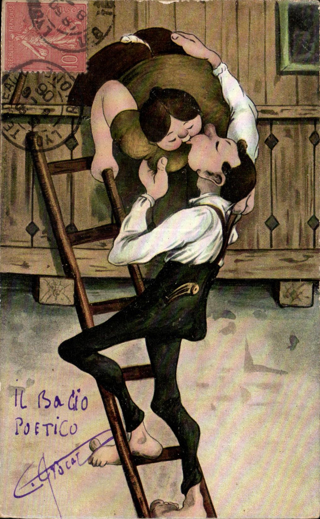 Un couple s'embrassant sur une échelle — Il Bacio Poetico — éditeur G. Ayrocar