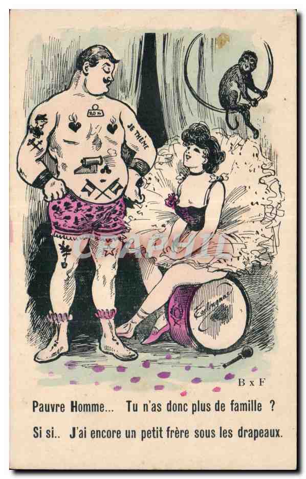 Homme tatoué et femme assise sur un tambour — caricature humoristique — Éditions Ealingnac, n° B x F