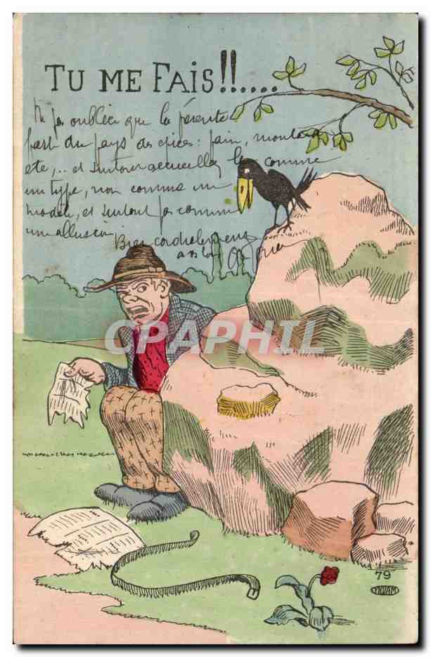 Homme surpris par un corbeau — caricature humoristique — éditeur non identifié, n° de série 79