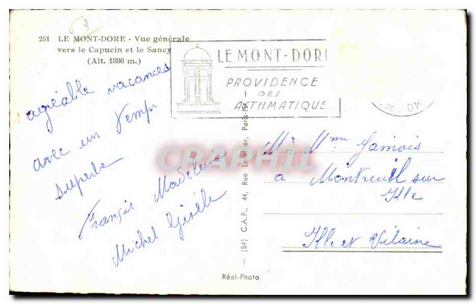 CPSM Le Mont Dore Vue generale vers le Capucin et le Sancy  — Verso