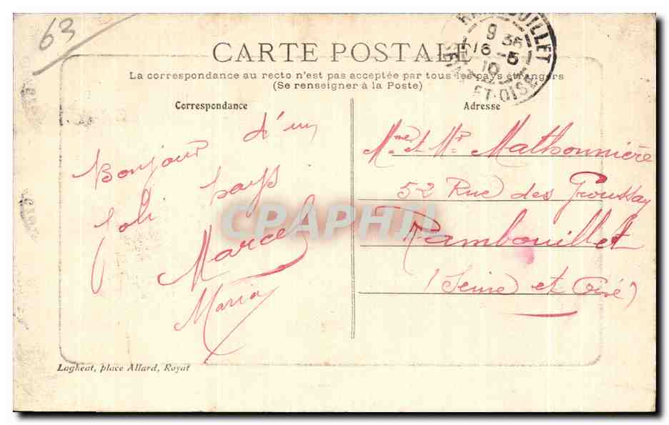 Royat - Hotel des Sources - CPA — Rückseite
