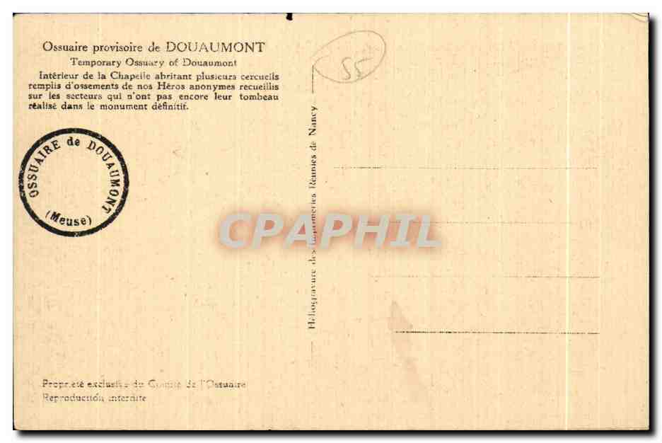 Ossuaire provisoire de DOUAUMONT — Intérieur de la chapelle abritant plusieurs cercueils — éditeur inconnu, n° de série non visible — Reverso