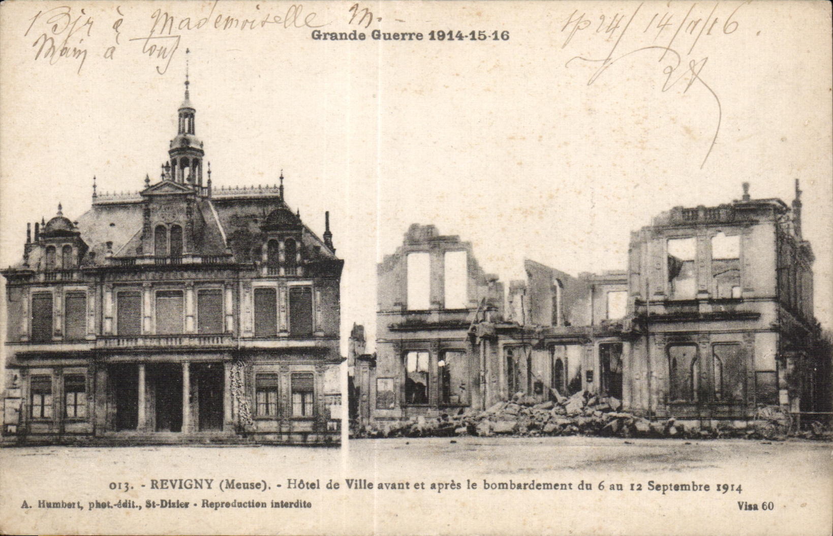CPA Grande Guerre Revigny (Meuse) Hotel de Ville avant et apres le bombardement 1914 Militaria 