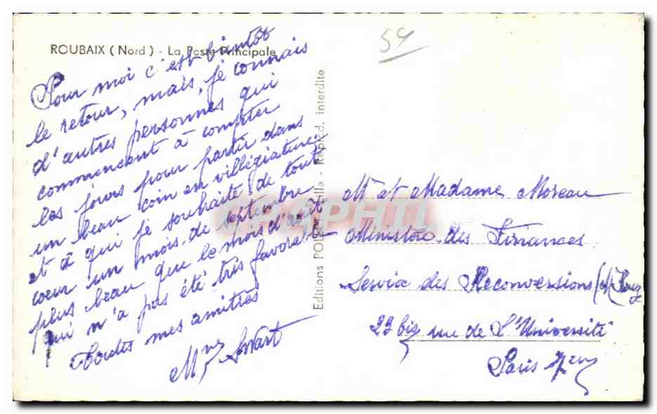 CPA Roubaix(Nord) La Pcste Pnnicpale — Rückseite
