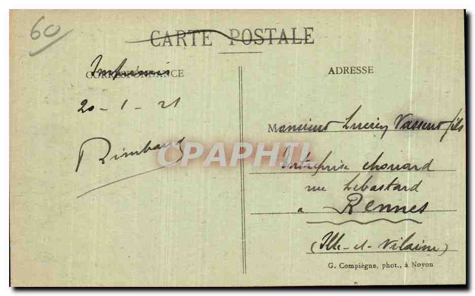 CPA Noyon apres la guerre Vue prise en face la Maison Guerin Rue de Pris After the war View taken in the Paris street  — Rückseite