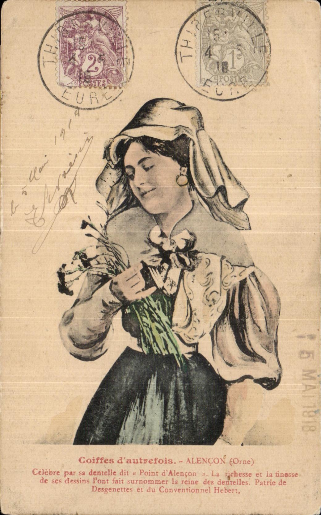 Femme en costume traditionnel d'Alençon (Orne) — Coiffes d'autrefois — Imprimerie Hebert