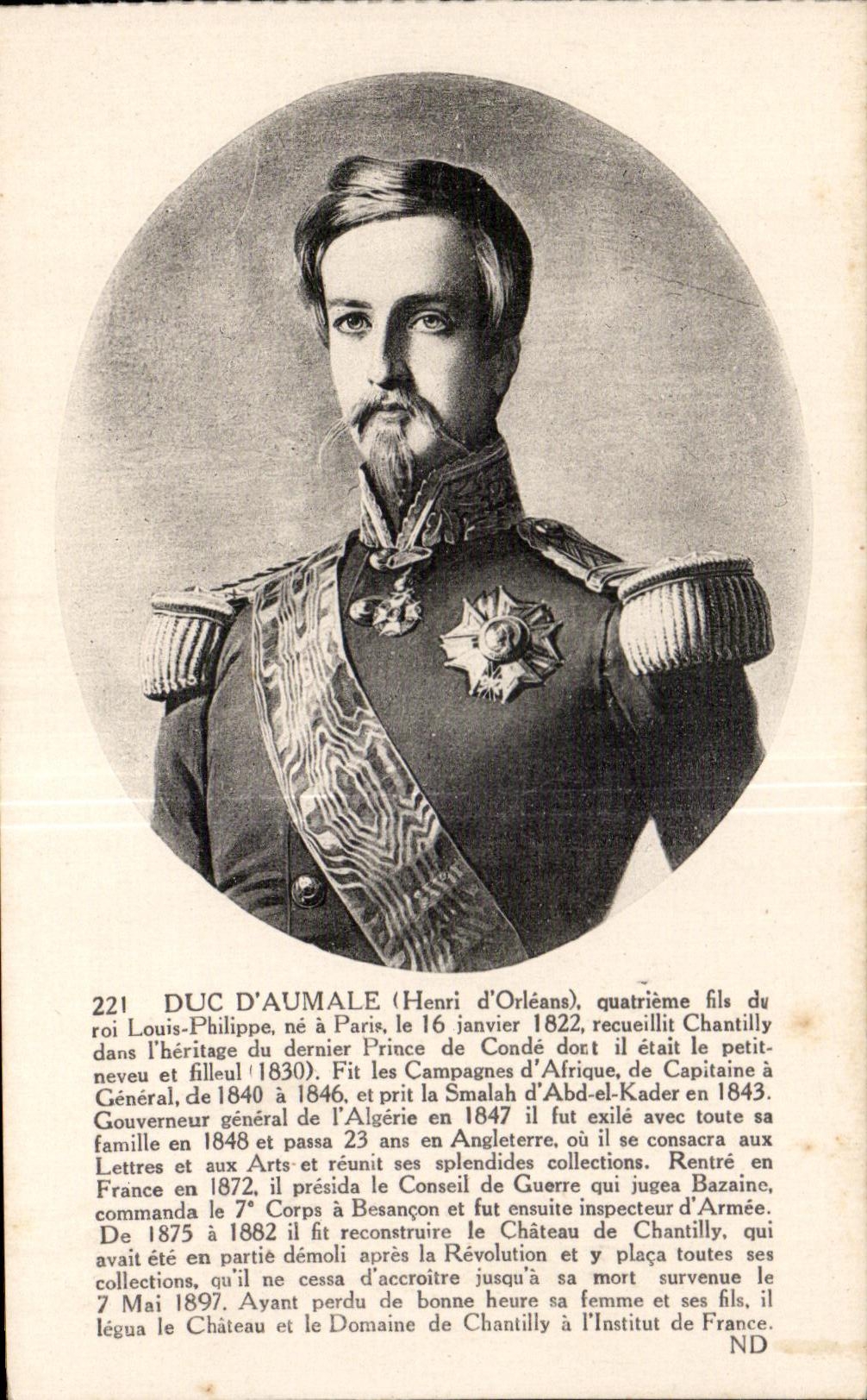 Duc d'Aumale (Henri d'Orléans) — portrait — éditeur Lévy et Neurardin, Paris, n° 221