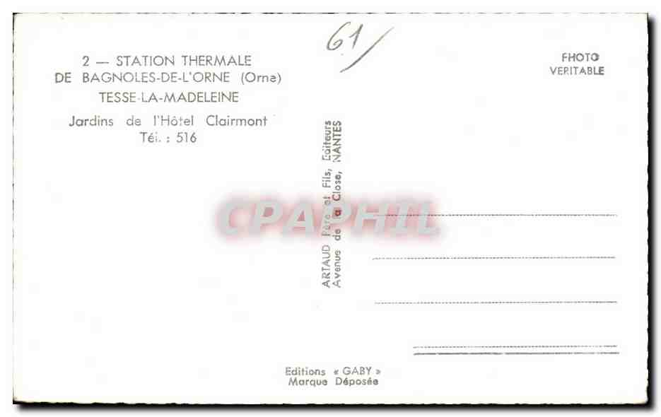Jardins de l'Hôtel Clairmont — Station thermale de Bagnoles-de-l'Orne — Éditions Gaby — Verso