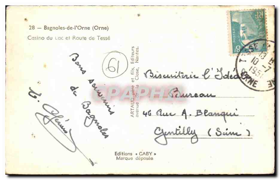 Bagnoles-de-l'Orne — Casino del Lago y Calle de Tessé — Ediciones Caby — Reverso