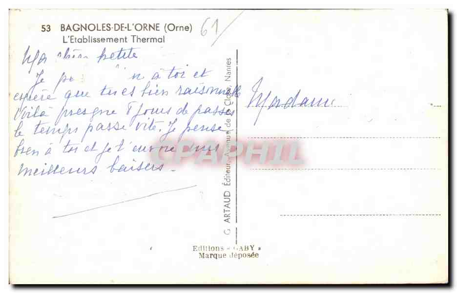 Bagnolles-de-l'Orne — L'Établissement Thermal — Editore G. ARTAUD — Verso