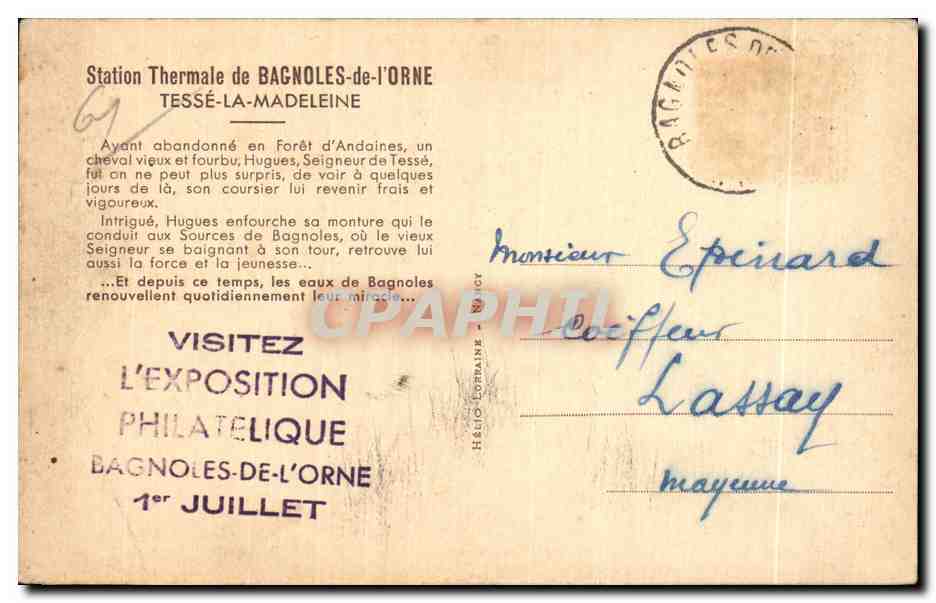 Cartolina d'epoca Stazione Termale di Bagnoles de L'Orne Tesse la Madeleine — Verso