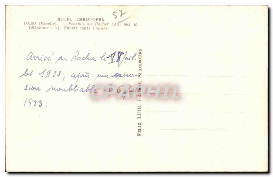 Hotel Christophk — Dâro (Moselle) — Verleger Félix Lüib, Straßburg — Rückseite