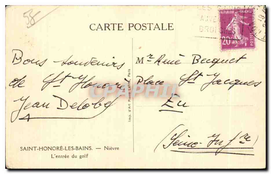 Saint-Honoré-les-Bains — L'entrée du golf — Imp. d'Art Pierre Lallier, Paris — Rückseite