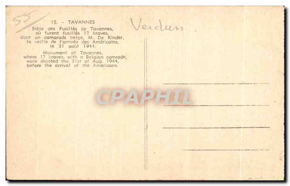 Stèle des Fusillés de Tavannes — Verdun — CPAPHIL 15 — Rückseite