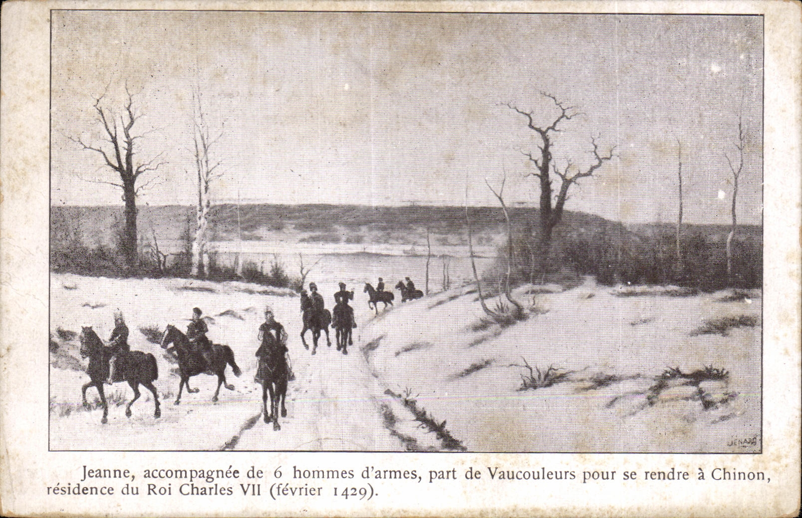 Jeanne d'Arc accompagnée de 6 hommes d'armes partant de Vaucouleurs pour se rendre à Chinon — illustration de J. NAB — édition IMP. MOULLET - MARSEILLE