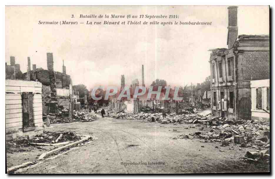CPA Bataille de la Marne Sermaize La rue Benard et l hotel de ville apres le bombardement