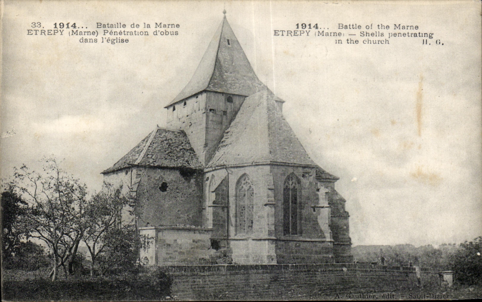 Étrepay (Marne) — Pénétration d'obus dans l'église — A. Gauthier, édit. - Saint-Dizier