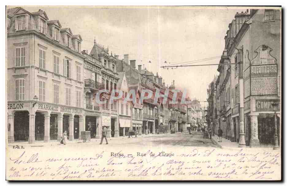 Renty - Rue de l'Étape — vue de la rue avec la pharmacie Drouët-Derlon et enseigne 'JUVENTO BARIS' — éditeur P.-D. R.