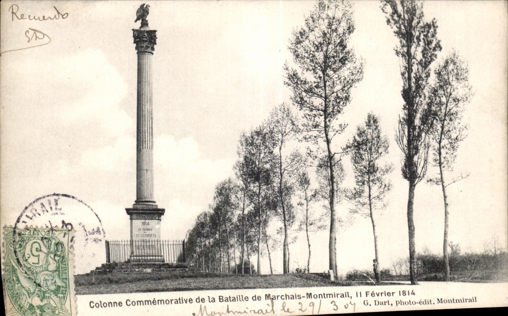 CPA Montmirail Colonne commemorative de la bataille de Marchais Montmirail 11 fevrier 1814