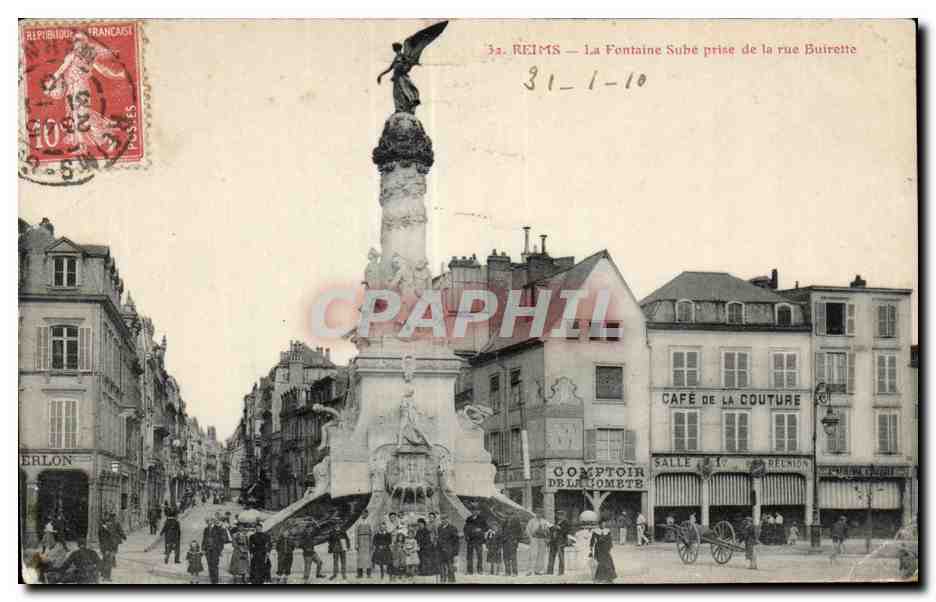 CPA Reims la fontaine sube prise de la rue buirette