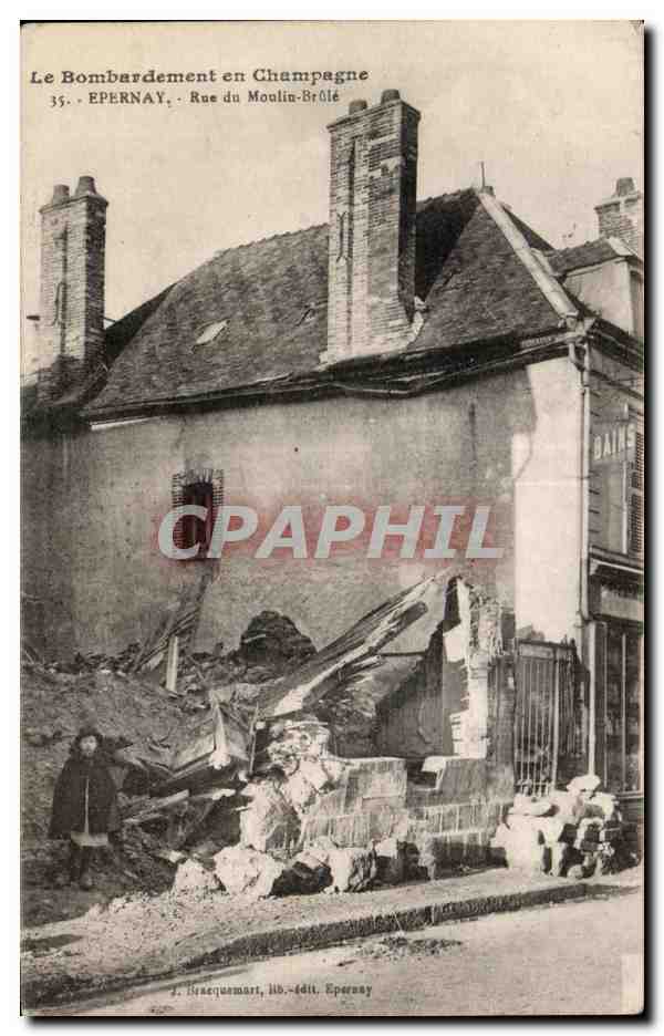 Le Bombardement en Champagne — Epernay, Rue du Moulin-Brûlé — J. Braquemart, lith. édit. Epernay