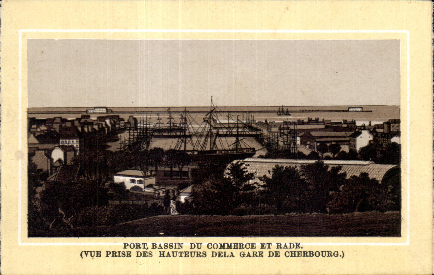 Port, bassin du commerce et rade — vue prise des hauteurs de la gare de Cherbourg.