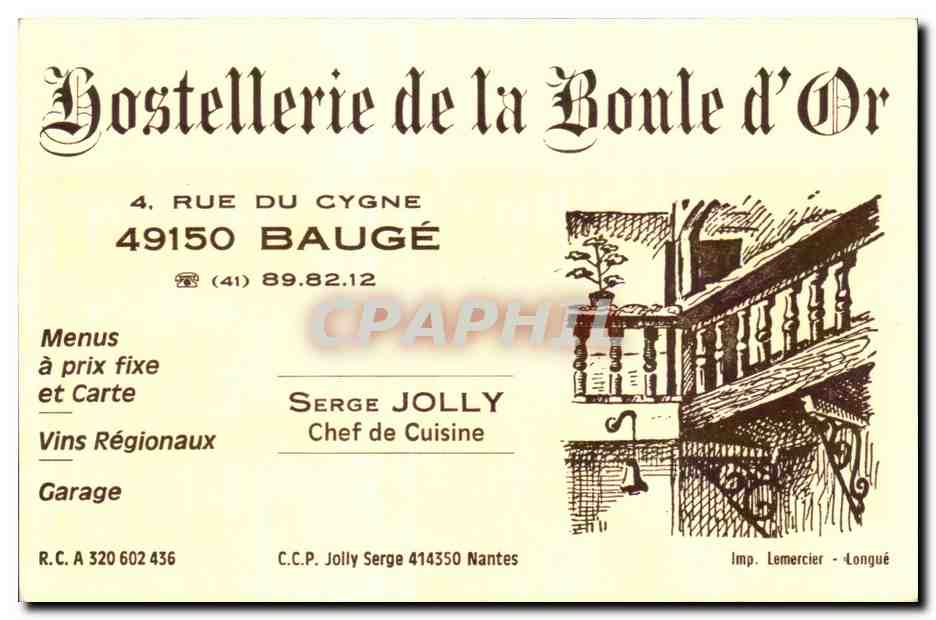 CArte de visite Hostellerie de la Boule d or Rue du cygne 49150 Bauge Serge Jolly