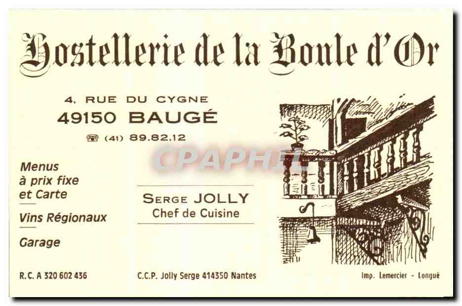 Carte de restaurant Hostellerie de la Boule d or 4 rue du Cygne Bauge SErge Jolly 