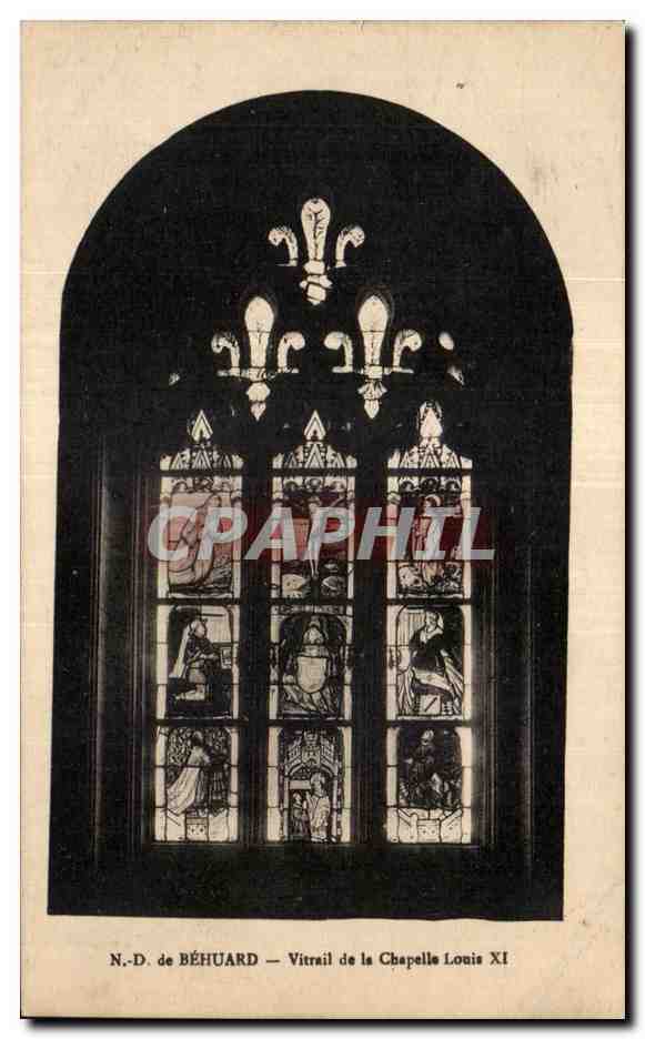 CPA ND de Behuard Vitrail de la chapelle Louis XI
