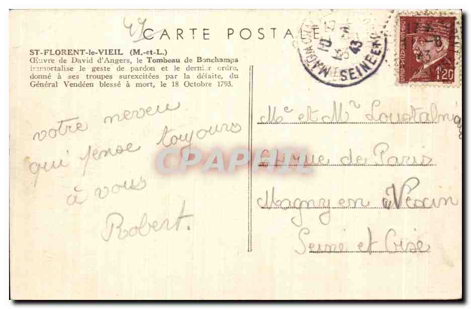 CPA St Florent le Vieil Tombeau de Bonechamps — Rückseite