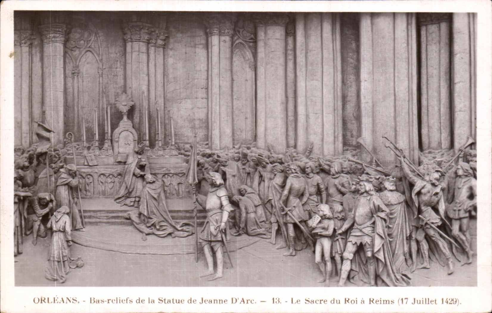 CPA Orleans Bas reliefs de la Statue de Jeanne D Arc Le Sacre du Roj a Reims 