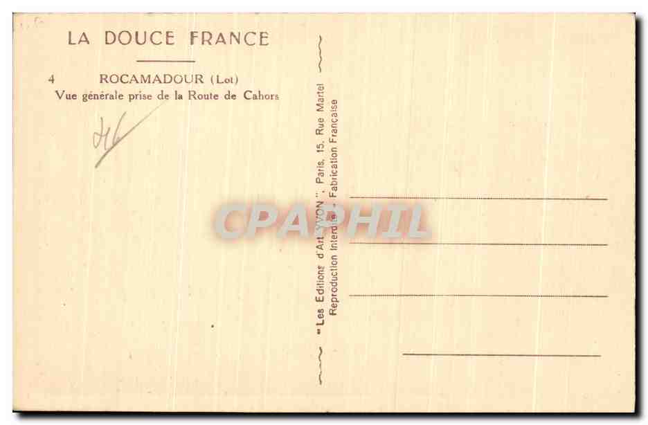Rocamadour (Lot) — Vue générale prise de la Route de Cahors — Les Editions d'Art VON, Paris — Verso