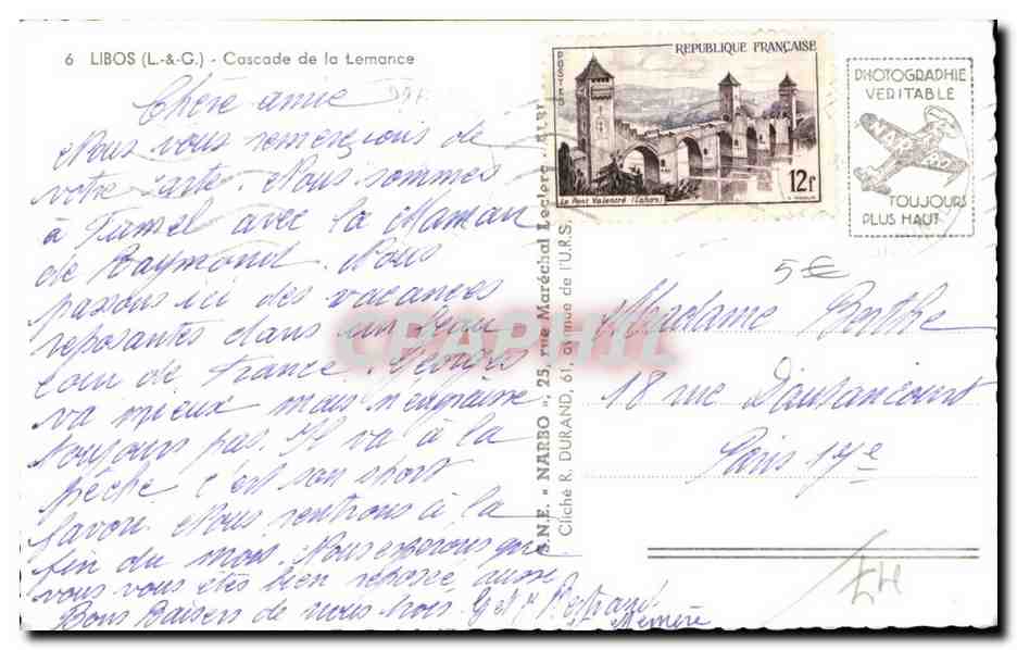 Cascade de la Lemance — Libos (L.-&-G.) — Cliché N.E. Narbon — n° 6 — Reverso
