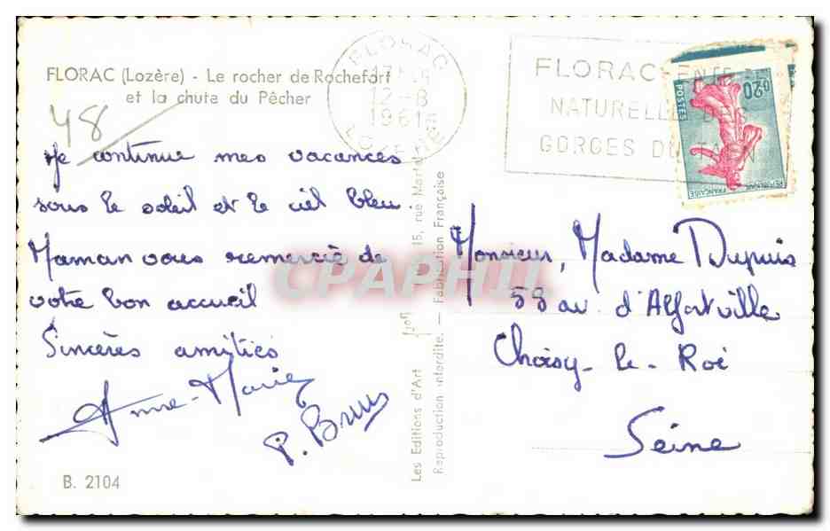 CPA Florac (Lozere) Le rocher de Rachefort et la chute du Pecher — Rückseite