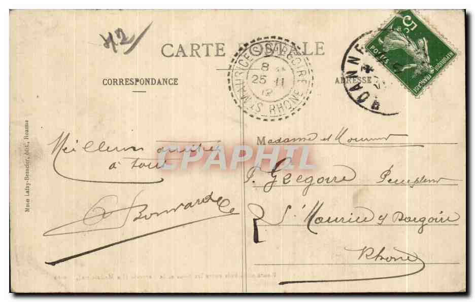 Route sous-bois entre les Noës et la Verrerie (La Madeleine), Loire — CPA éditée par Nino Lathy-Besseder, n°42 — Reverso